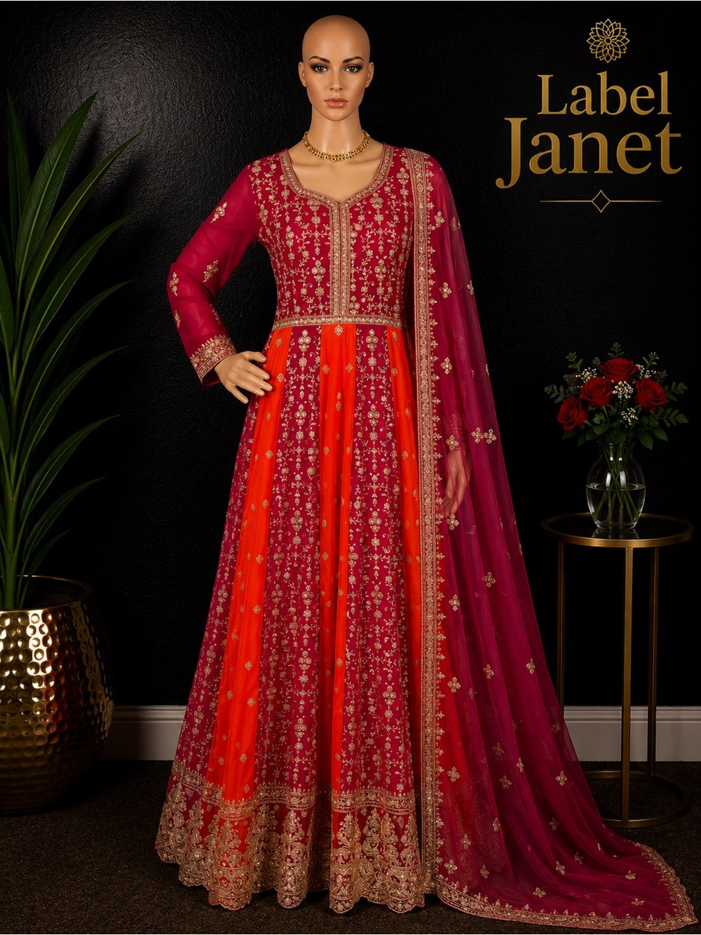Brand new Women's Red & Orange Embroidered Anarkali Dress (M up to L)